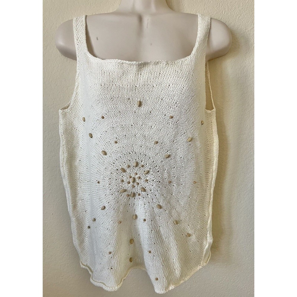 Kasper Ivory White Sand Beaded Sleeveless Women's Sweater Blouse Top Size L
